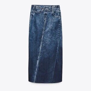 NEW ZARA Denim Effect blue high waisted midi skirt women's size medium